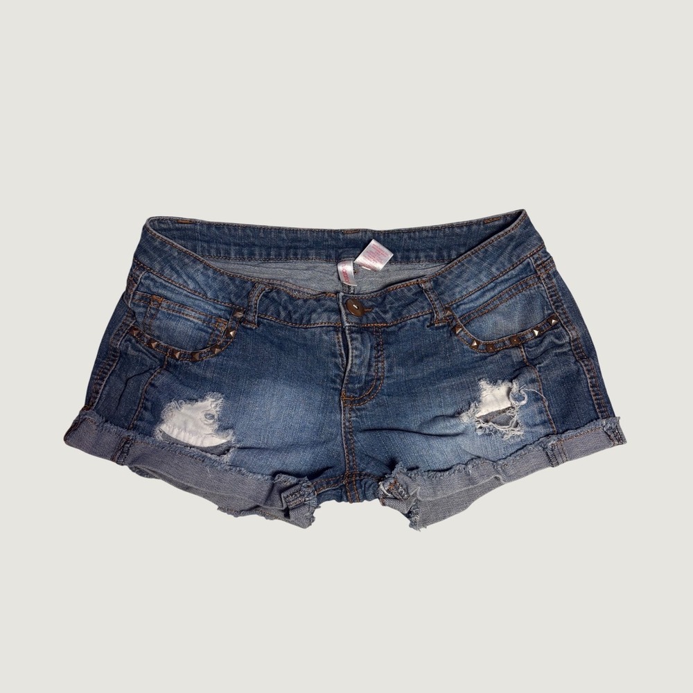 Y2K No Boundaries Studded Distressed Denim Micro Mini Shorts Blue Low Rise #16
